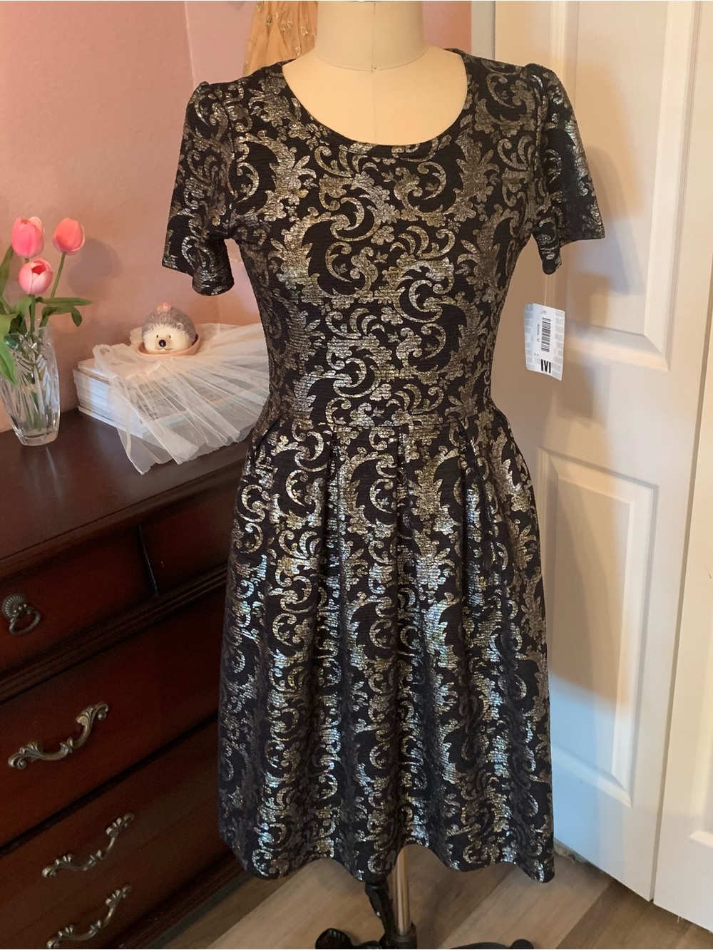 LULAROE NWT Black and Gold Knit Metallic Midi Fit-and-Flare Dress